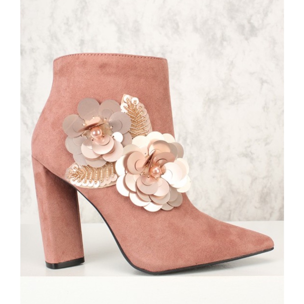Mauve pink floral appliqué suede bootie - Picture 8 of 11